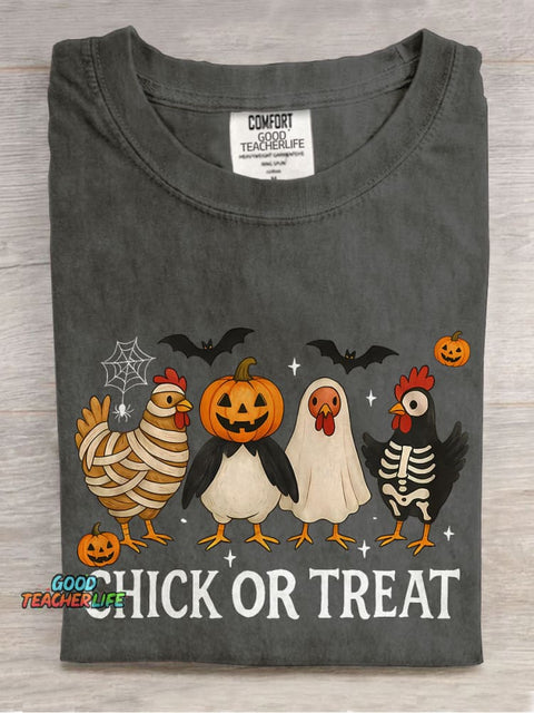 Chick Or Treat Spooky Chicken Halloween Casual Print T-shirt