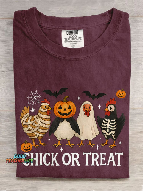 Chick Or Treat Spooky Chicken Halloween Casual Print T-shirt