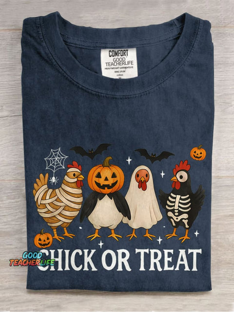 Chick Or Treat Spooky Chicken Halloween Casual Print T-shirt