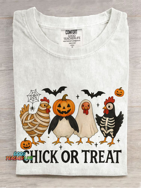 Chick Or Treat Spooky Chicken Halloween Casual Print T-shirt