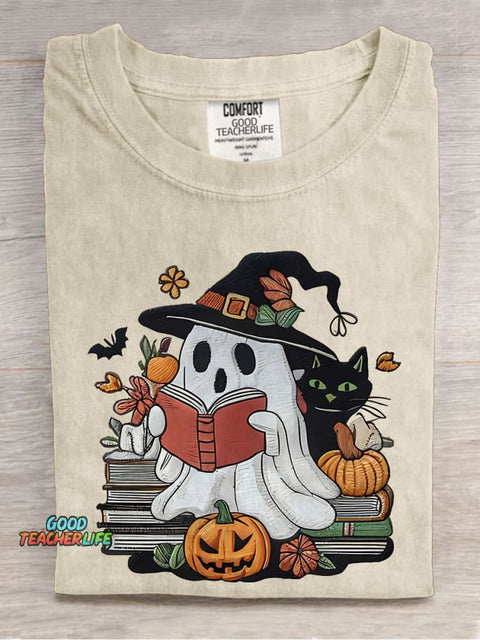 Ghost Reading Books Librarian Halloween Casual Print T-shirt