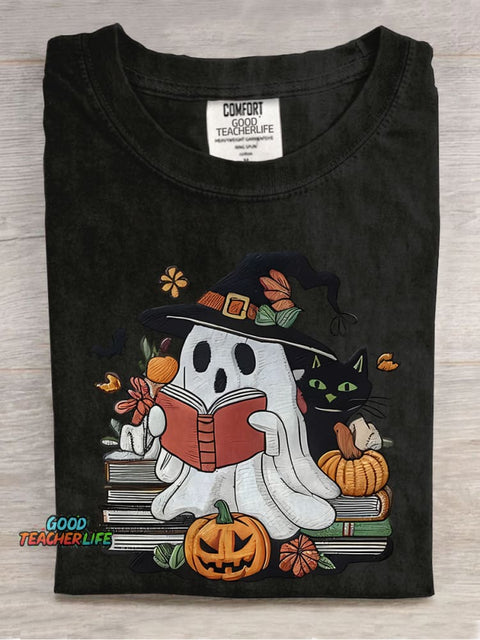 Ghost Reading Books Librarian Halloween Casual Print T-shirt
