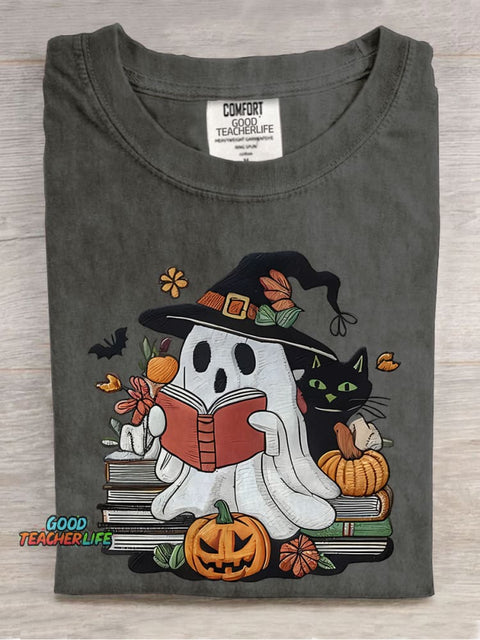 Ghost Reading Books Librarian Halloween Casual Print T-shirt