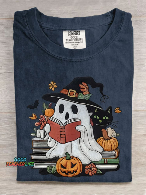 Ghost Reading Books Librarian Halloween Casual Print T-shirt