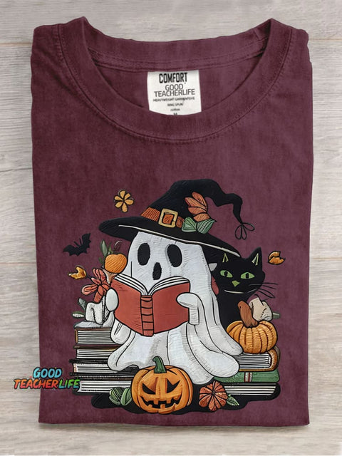 Ghost Reading Books Librarian Halloween Casual Print T-shirt
