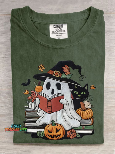 Ghost Reading Books Librarian Halloween Casual Print T-shirt