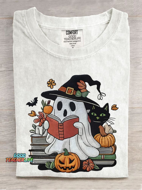 Ghost Reading Books Librarian Halloween Casual Print T-shirt