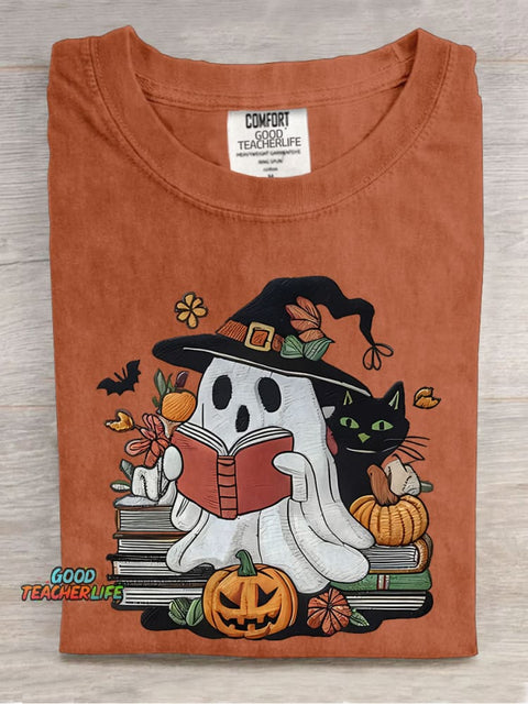 Ghost Reading Books Librarian Halloween Casual Print T-shirt
