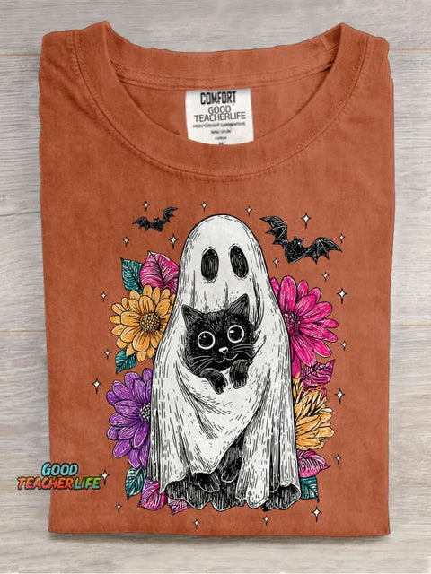 Retro Halloween Ghost And Cat Casual Print T-shirt