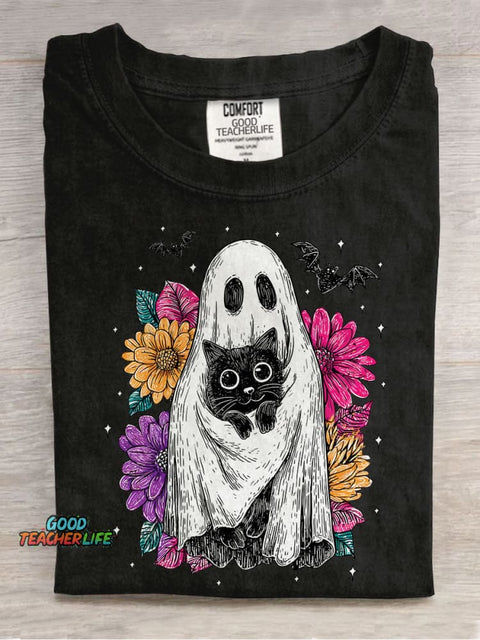 Retro Halloween Ghost And Cat Casual Print T-shirt
