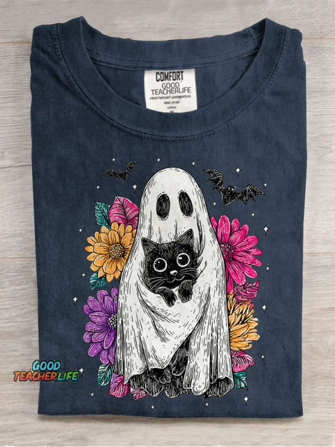 Retro Halloween Ghost And Cat Casual Print T-shirt