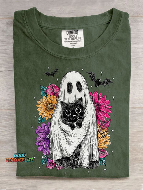 Retro Halloween Ghost And Cat Casual Print T-shirt