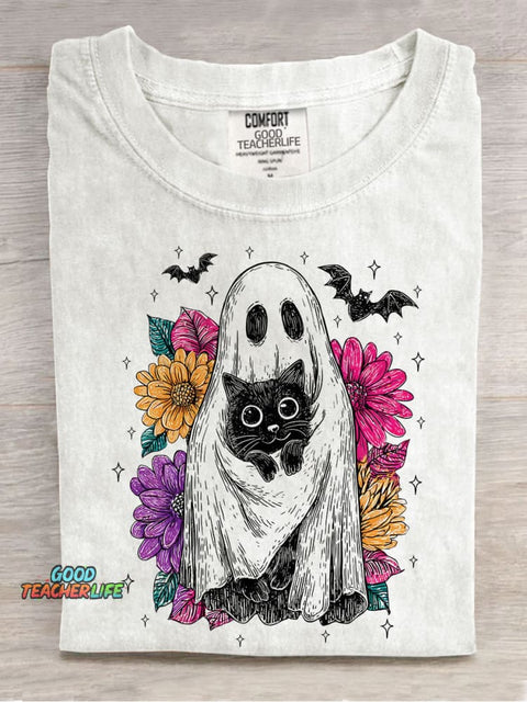 Retro Halloween Ghost And Cat Casual Print T-shirt