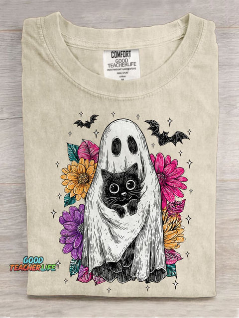 Retro Halloween Ghost And Cat Casual Print T-shirt