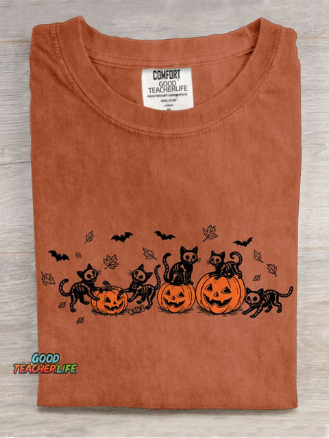 Black Cat Pumpkin Casual Print T-shirt