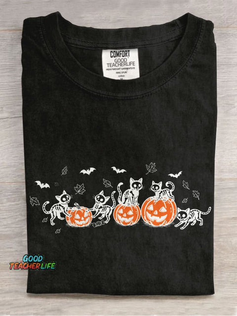 Black Cat Pumpkin Casual Print T-shirt