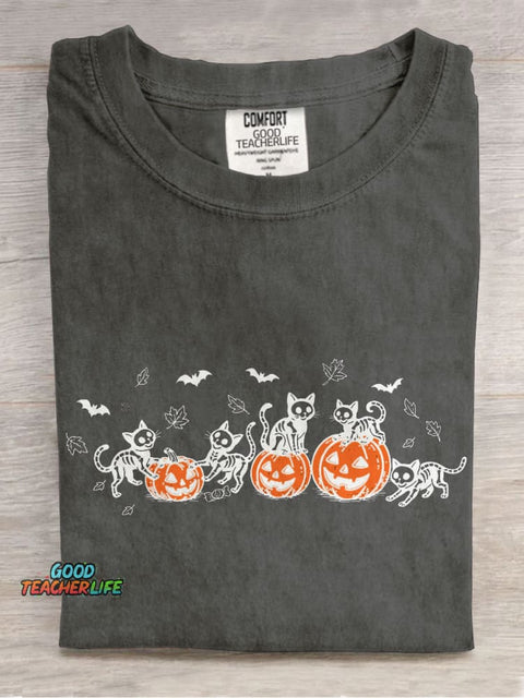 Black Cat Pumpkin Casual Print T-shirt