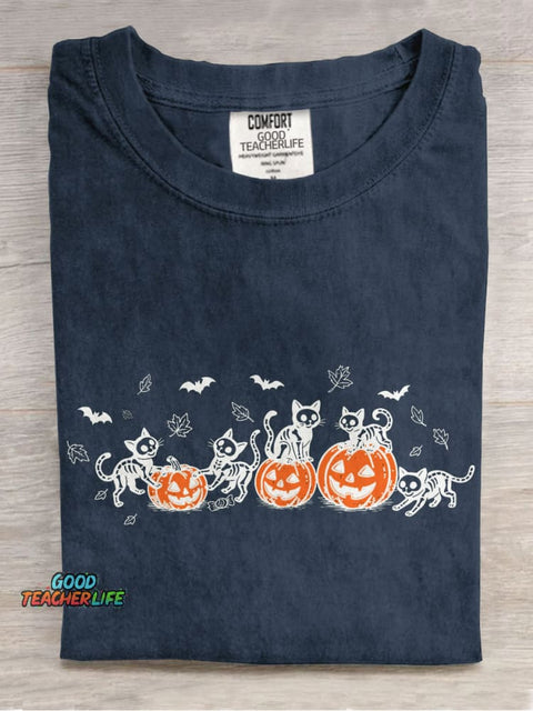 Black Cat Pumpkin Casual Print T-shirt