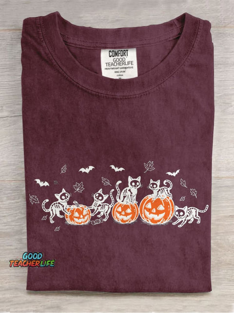 Black Cat Pumpkin Casual Print T-shirt