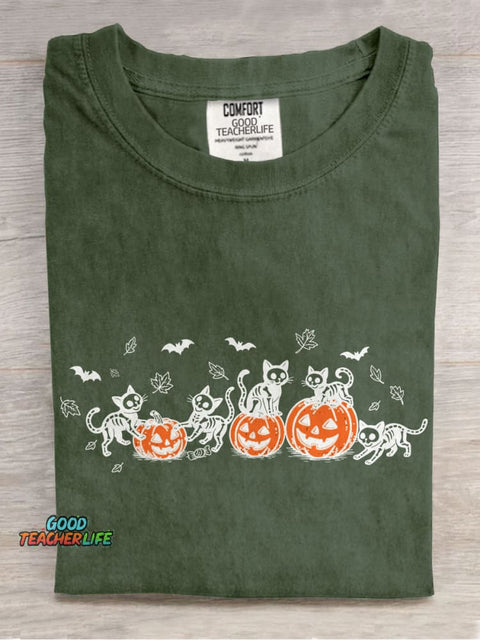 Black Cat Pumpkin Casual Print T-shirt