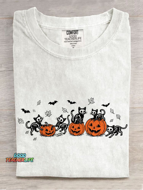 Black Cat Pumpkin Casual Print T-shirt