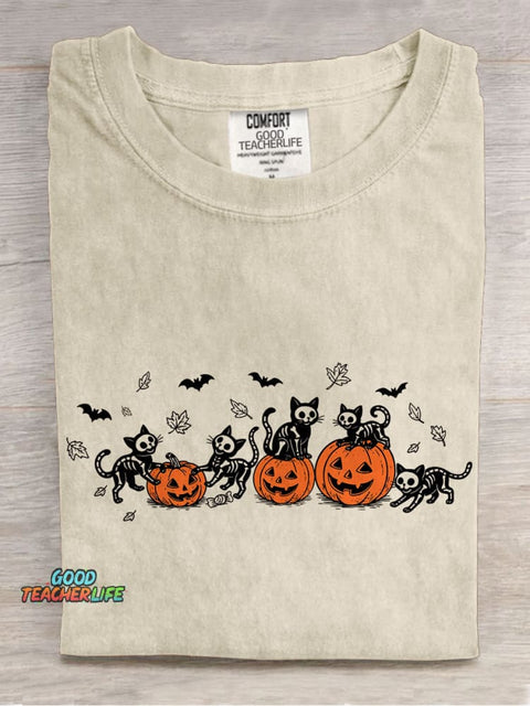 Black Cat Pumpkin Casual Print T-shirt