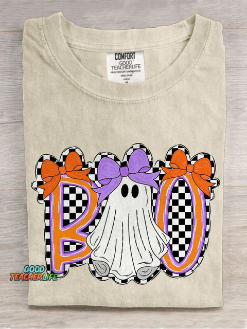 Boo Halloween Cute Bow Coquette Checkered Spooky Casual Print T-shirt