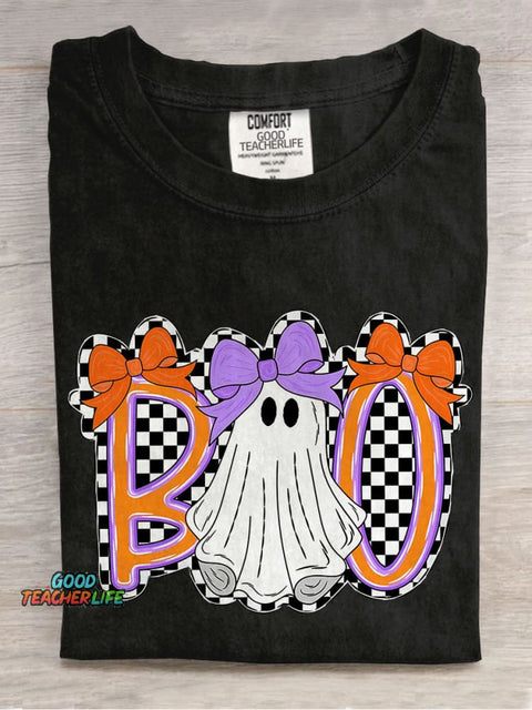 Boo Halloween Cute Bow Coquette Checkered Spooky Casual Print T-shirt