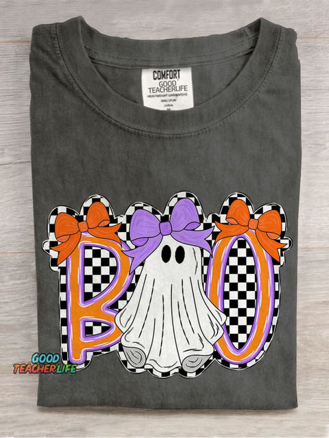 Boo Halloween Cute Bow Coquette Checkered Spooky Casual Print T-shirt