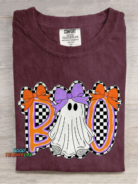 Boo Halloween Cute Bow Coquette Checkered Spooky Casual Print T-shirt