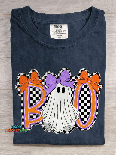 Boo Halloween Cute Bow Coquette Checkered Spooky Casual Print T-shirt