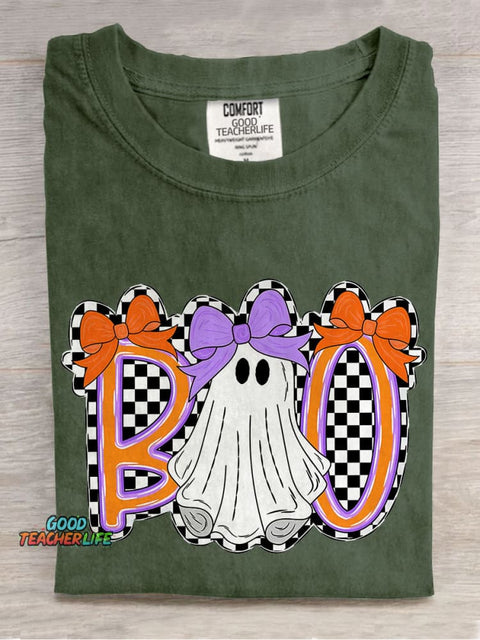 Boo Halloween Cute Bow Coquette Checkered Spooky Casual Print T-shirt