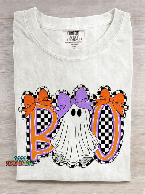 Boo Halloween Cute Bow Coquette Checkered Spooky Casual Print T-shirt