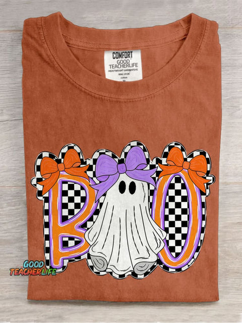 Boo Halloween Cute Bow Coquette Checkered Spooky Casual Print T-shirt