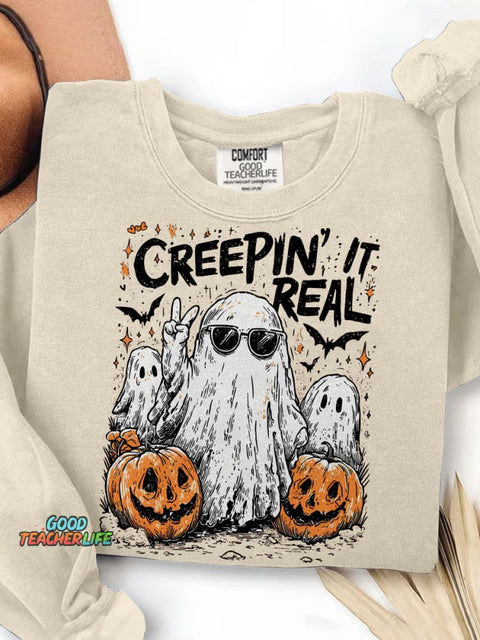 Creepin' It Real Funny Ghost Halloween Print Casual Sweatshirt
