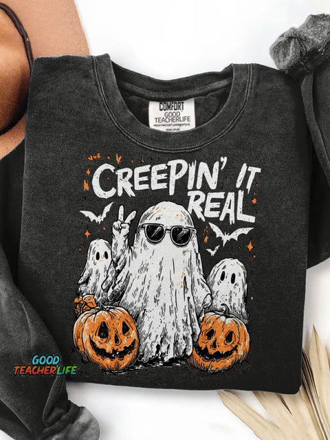 Creepin' It Real Funny Ghost Halloween Print Casual Sweatshirt