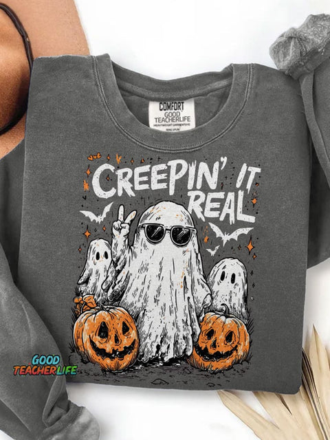 Creepin' It Real Funny Ghost Halloween Print Casual Sweatshirt