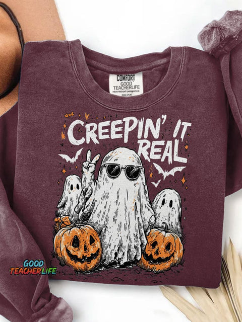 Creepin' It Real Funny Ghost Halloween Print Casual Sweatshirt