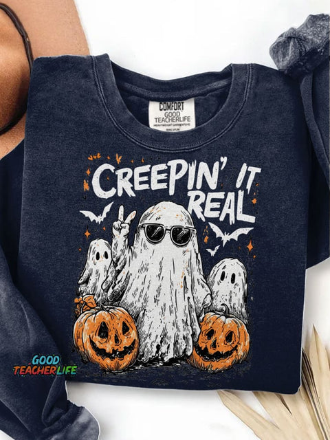 Creepin' It Real Funny Ghost Halloween Print Casual Sweatshirt