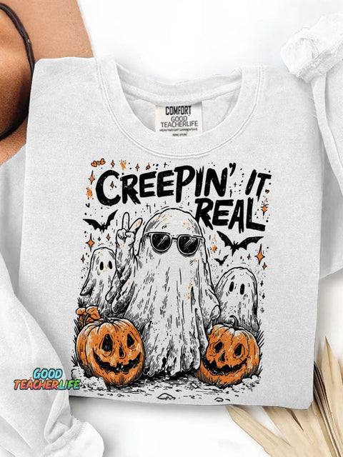 Creepin' It Real Funny Ghost Halloween Print Casual Sweatshirt