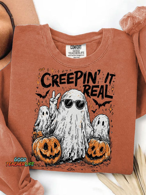 Creepin' It Real Funny Ghost Halloween Print Casual Sweatshirt