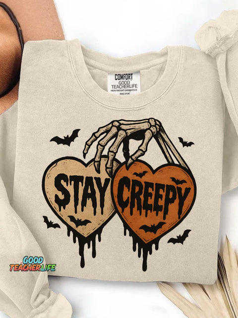 Stay Creepy Retro Dripping Heart Halloween Clipart Skeleton Hand Spooky Graphic Print Casual Sweatshirt