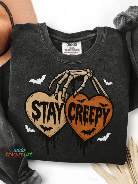 Stay Creepy Retro Dripping Heart Halloween Clipart Skeleton Hand Spooky Graphic Print Casual Sweatshirt