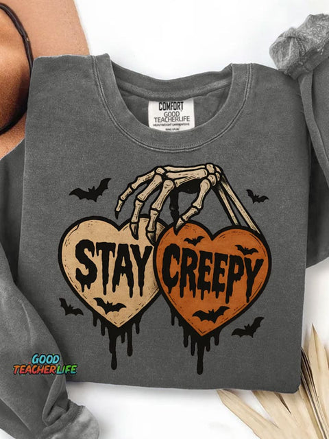 Stay Creepy Retro Dripping Heart Halloween Clipart Skeleton Hand Spooky Graphic Print Casual Sweatshirt