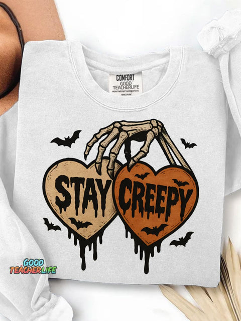Stay Creepy Retro Dripping Heart Halloween Clipart Skeleton Hand Spooky Graphic Print Casual Sweatshirt