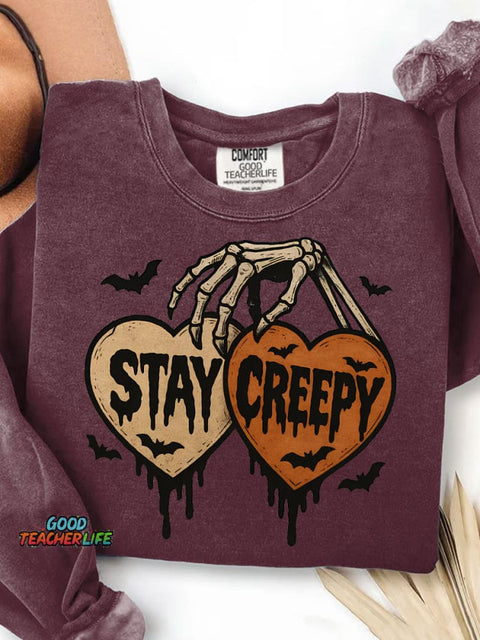 Stay Creepy Retro Dripping Heart Halloween Clipart Skeleton Hand Spooky Graphic Print Casual Sweatshirt