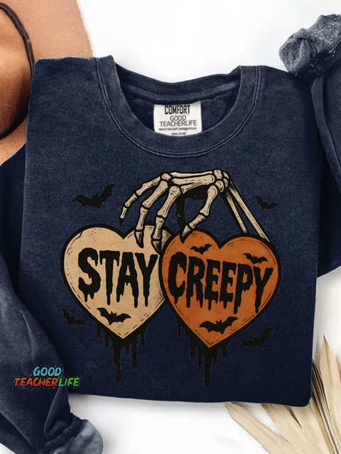 Stay Creepy Retro Dripping Heart Halloween Clipart Skeleton Hand Spooky Graphic Print Casual Sweatshirt