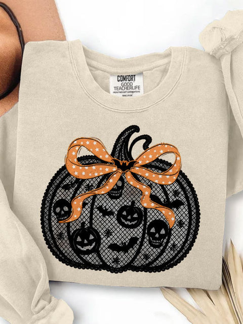 Black Lace Pumpkin Coquette Halloween Pumpkin Print Casual Sweatshirt