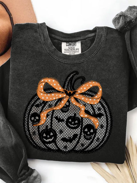 Black Lace Pumpkin Coquette Halloween Pumpkin Print Casual Sweatshirt