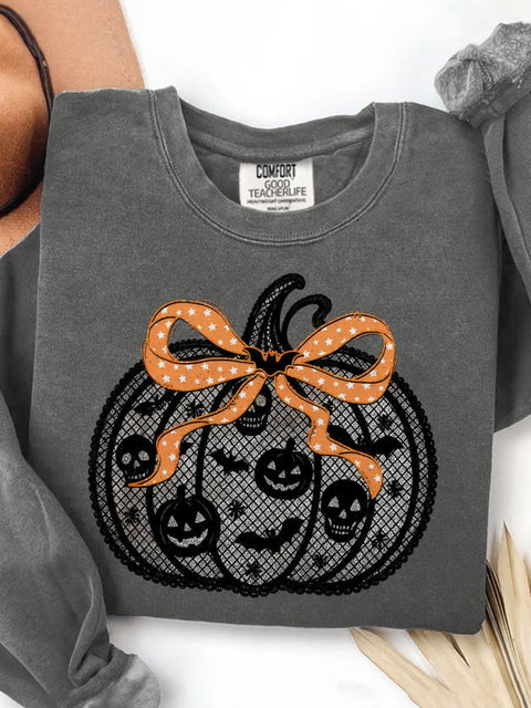 Black Lace Pumpkin Coquette Halloween Pumpkin Print Casual Sweatshirt